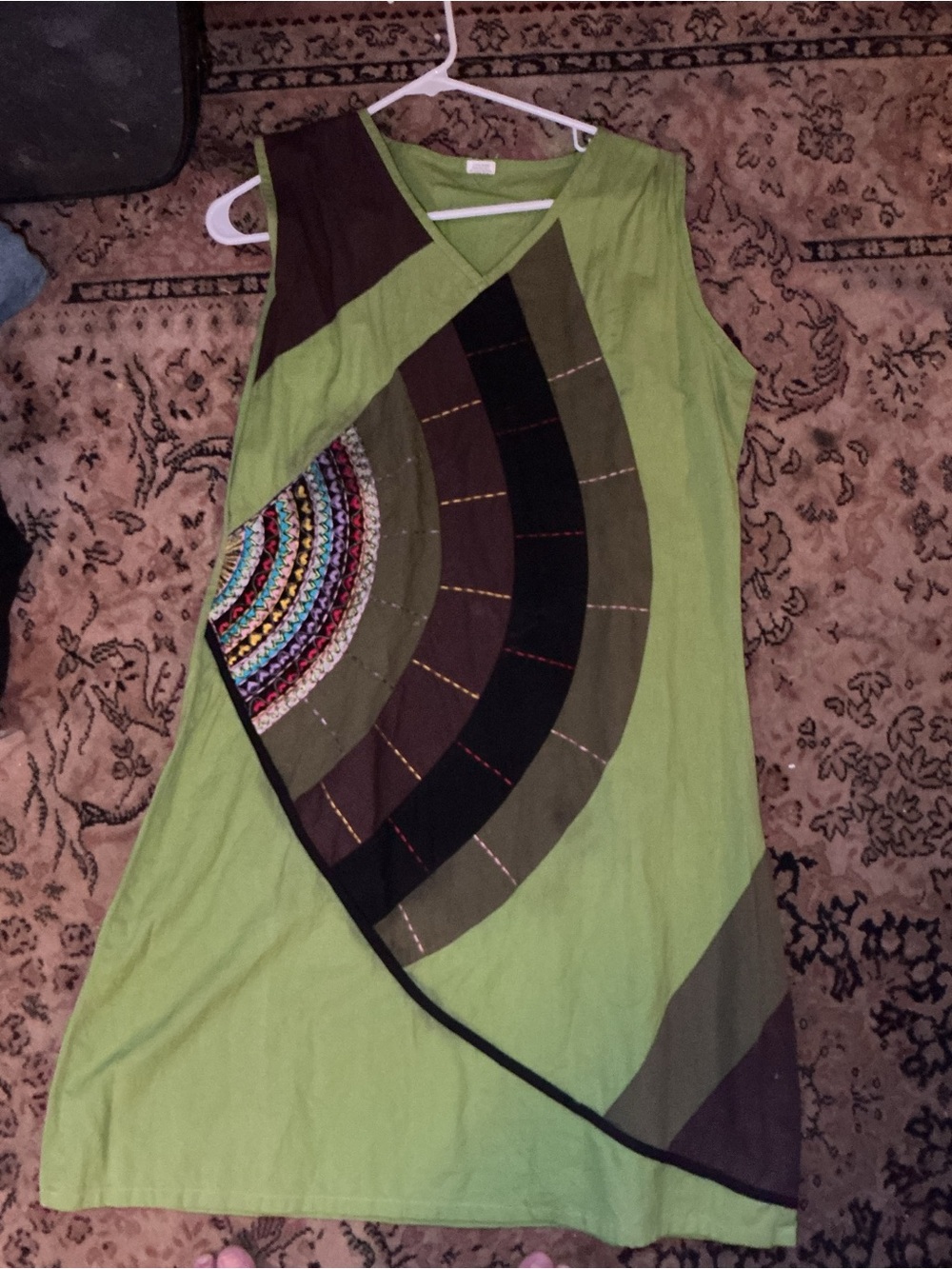 Green Sleeveless A-Line Dress with Multicolor Patchwork